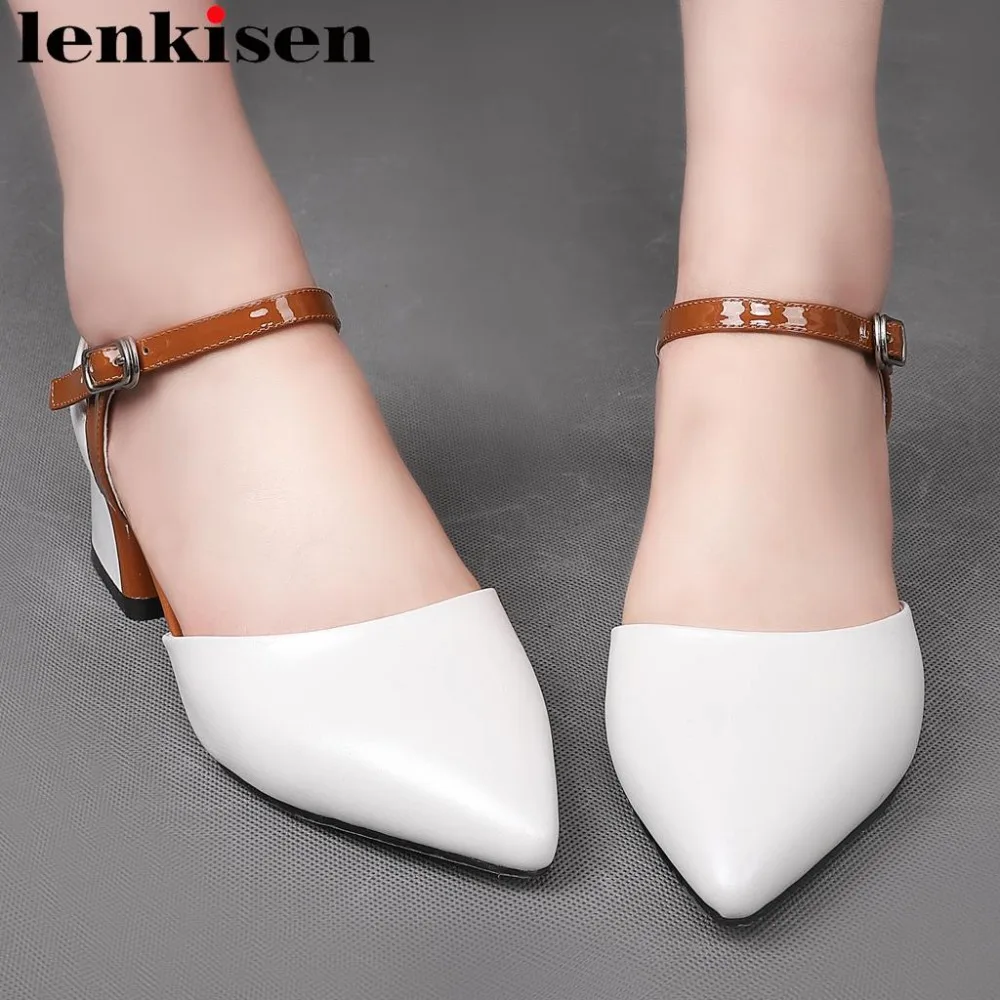 

Lenkisen natural leather mixed colors buckle strap chunky med heels pointed toe hollow women pumps large size summer shoes L5f3