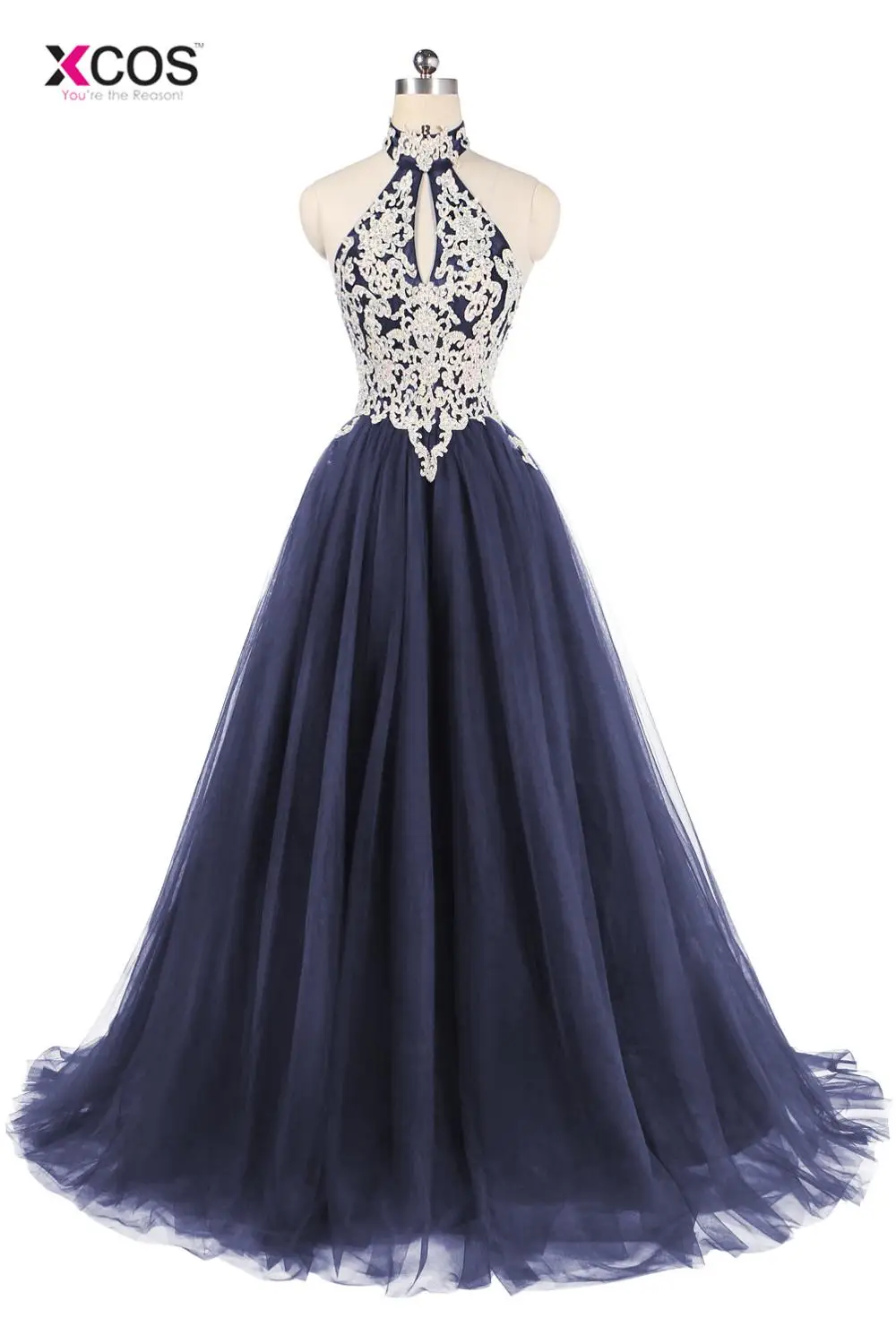 Navy Blue XCOS, на заказ, королевское Голубое Кружевное платье на бретелях для выпускного вечера, элегантное ТРАПЕЦИЕВИДНОЕ Дешевое длинное платье для вечеринки, платья vestido de gala - Цвет: Navy Blue