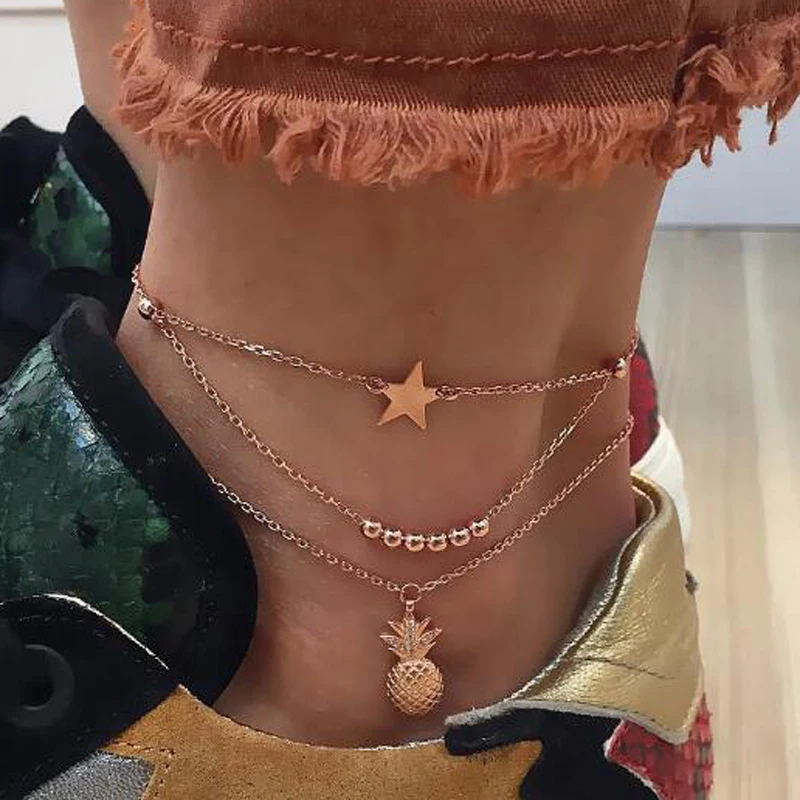 Мода 3 шт./компл. Boho Многослойные Звезда бусины в виде ананаса цепи ножной браслет с подвеской Для женщин летние пляжные бижутерия для ног Кристалл Сеть ножной браслет