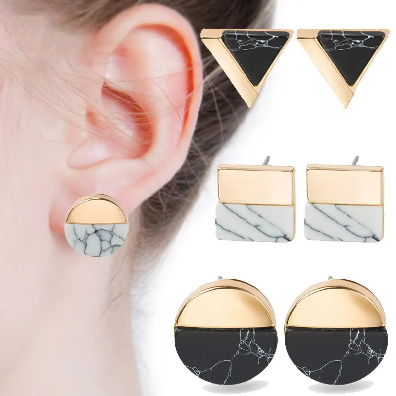 

1Pair Round Triangle Square Geometric Metal Charm Stud Earrings Marble Stone Pattern Black White Ear Stud For Women