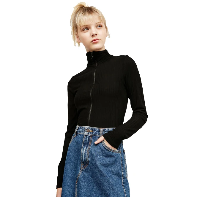 Women Street Style Black Knitted Zipper Sweaters Jacket