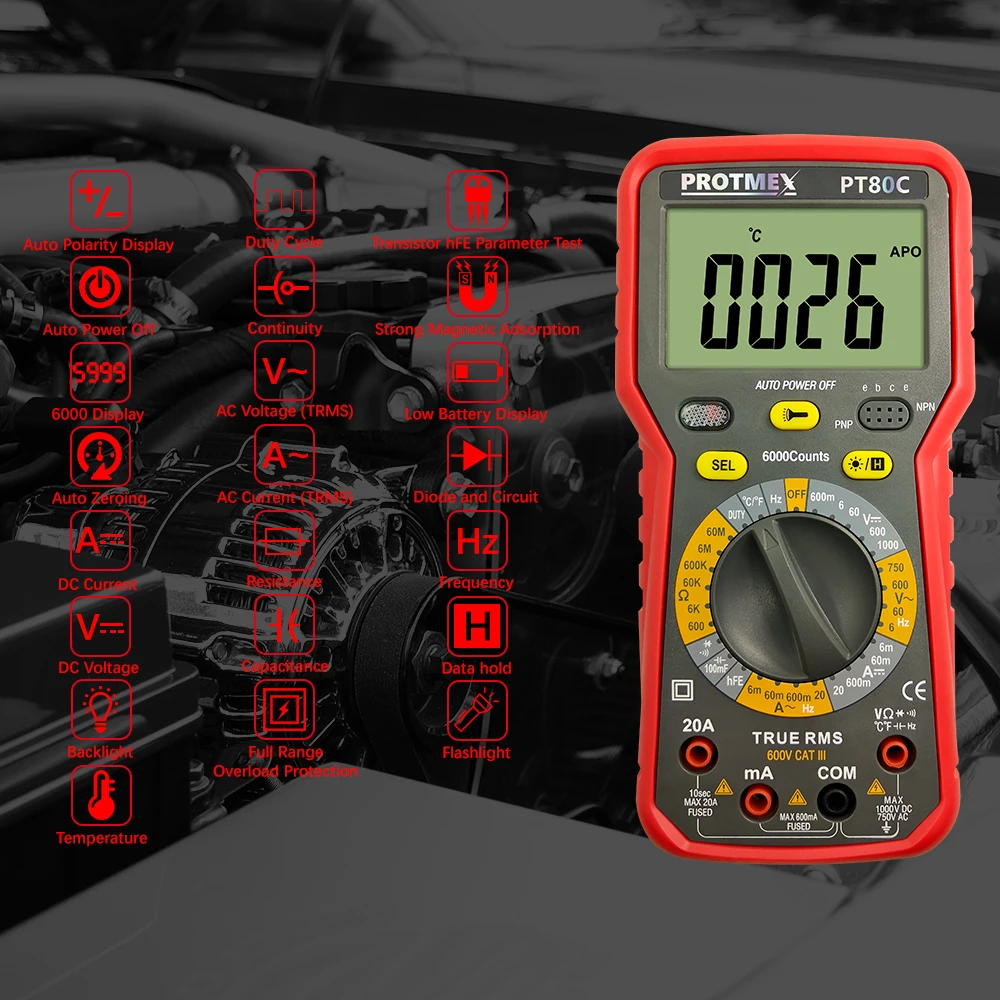 Protmex PT80C/80D 6000 отсчетов Цифровой мультиметр DC/AC напряжение, ток, сопротивление, Емкость Тестер