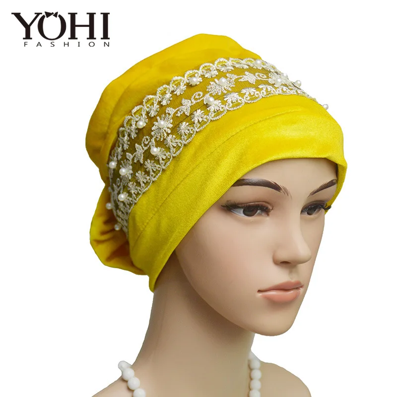 2018 New Fashion  velvet lace pearl head hat Baotou  Ladies Hat Church Cap Women Hijab turbante