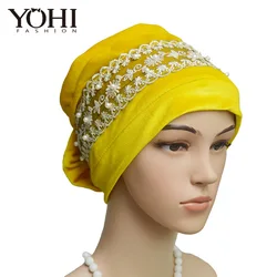 2018 New Fashion  velvet lace pearl head hat Baotou  Ladies Hat Church Cap Women Hijab turbante