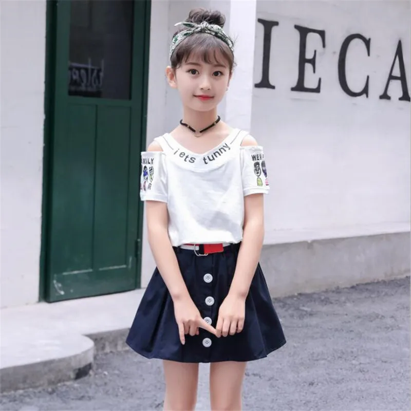 New girls clothing sets summer children cartoon cotton tops+skirts 2pcs suits teenager casual outfits 4-12 Years