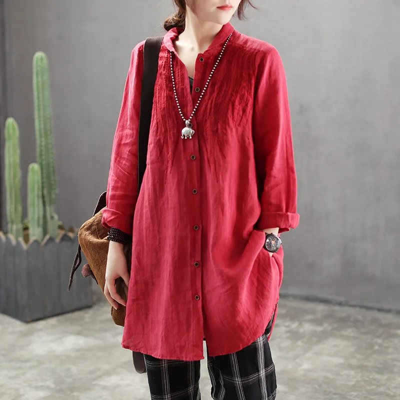 Women Linen Blouse Casual Long Sleeve Tops Tunic Vintage Embroidery Blouses Shirts Ladies Plus Size Blusas Chemisier Femme |