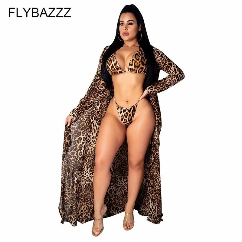 

Sexy Leopard Print Three Pieces Bikini Sets With Long Sleeve Cover Up High Cut Thong Bathing Suit Bandage Swimsuit Women Biquini