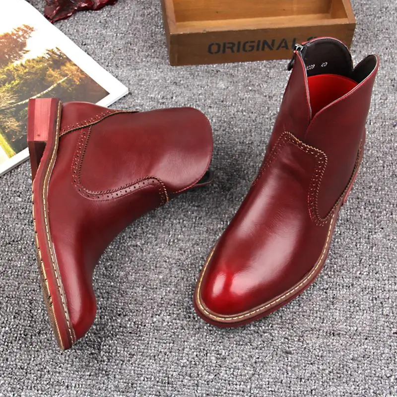 Мужские ботинки челси в британском стиле; ботинки из натуральной кожи; сезон весна-осень; мужские ботильоны с острым носком; кожаные ботинки; 061 - Цвет: Красный