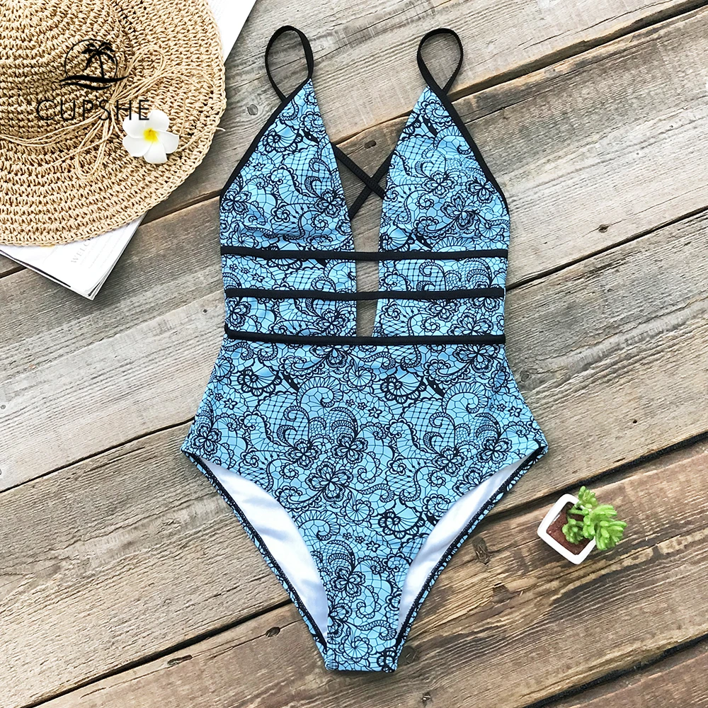 

CUPSHE Blue And Black Print Crisscross One-piece Swimsuit Women Cutout Monokini Swimwear 2019 Girl Beach Bathing Suits