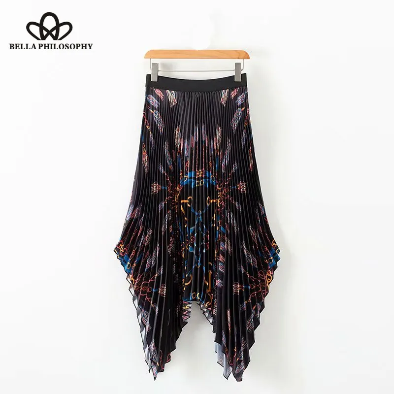 Wonder 2018 new autumn elastic high waist chain print pleated midi skirt faldas mujer ladies asymmetrical casual chic skirts