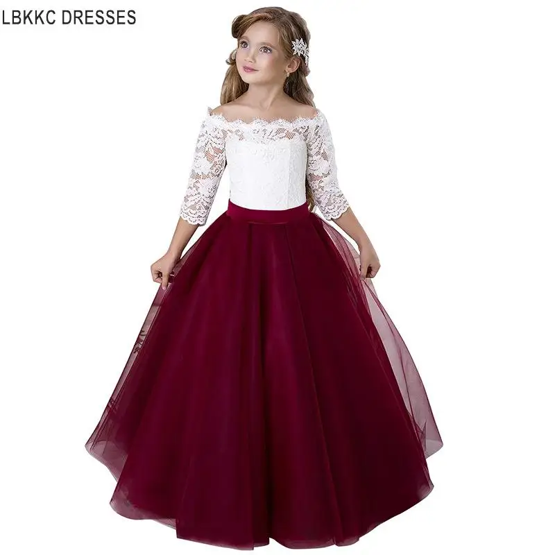 Burgundy With Lace Lace Long Boat Neck Flower Girl Dress Graduation Dresses Party Dresses Kids