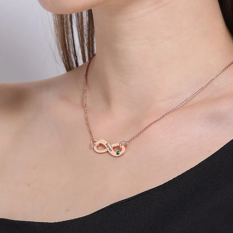 Ожерелье AILIN Infinity Birthstone с именами, персонализированное ожерелье с именами камней, выгравированный знак бесконечности, подвеска в розовом золотистом цвете