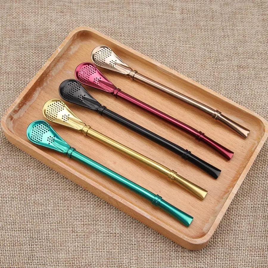 2 in 1 Multiuse Stainless Steel Metal Drinking Straw Spoon Practical Cocktails Lemonade Coffee Straws Spoon Bar Tools