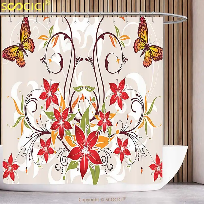 

Waterproof Shower Curtain Floral Decor Butterflies and Flourishing Swirled Blossoms Bouquet Botany Artsy Image Beige Green Red