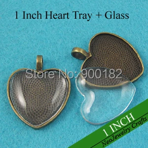 1 дюйм античная медь сердце из кабошона, 25 мм сердце кулон в виде блюдца+ 25 мм прозрачный стеклянный кабошон(200 лоток+ 200 стекло