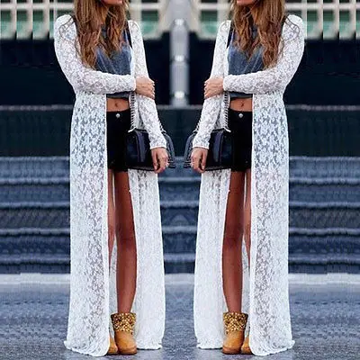 New Women Lace Hollow Sheer Long Cardigan Sun Protection Maxi