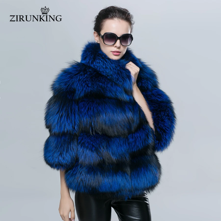 

ZIRUNKING Blue Women's Real Silver Fox Fur Coat Fashion Stand Collar Shuba Female Full Pelt Thick Warm Jacket ZC1610