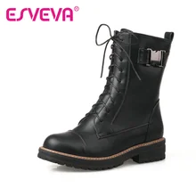 ESVEVA 2016 Lace Up Femmes Chaussures PU en cuir Noir Carré Bas talon Mi-mollet Bottes Bout Rond Femmes Moto Boot Taille 34-43