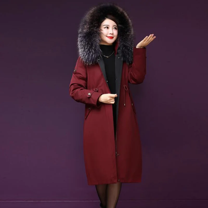 Новая мода, зимняя женская куртка на 90% белом утином пуху, утепленное длинное пуховое пальто, большая парка с капюшоном из натурального меха енота