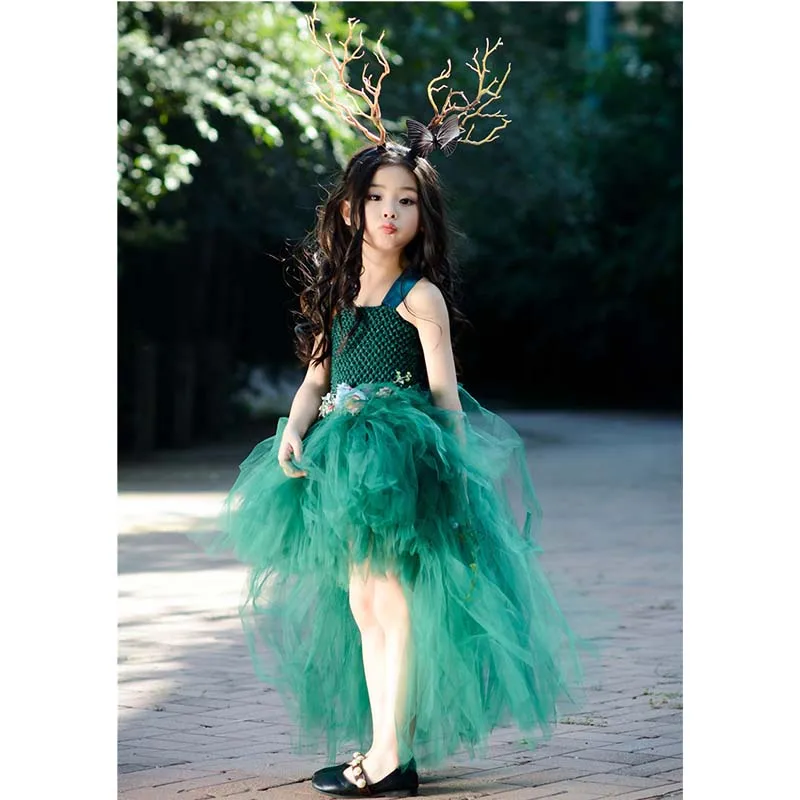 Зеленое сказочное платье-пачка с цветочным рисунком для девочек; карнавальный костюм на Хеллоуин Пурим; костюм для дня рождения; детское платье для подиума с цветком ручной работы