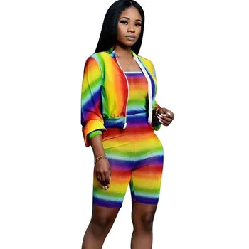 

Autumn Winter Rainbow Print Two Piece Set Women's Tracksuit Long Sleeve Short Jackets and Playsuits Jumpsuit Shorts Sweat Suits