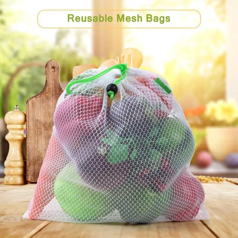 

1Pcs Reusable Mesh Vegetable Bags Home Kitchen Fruit Vegetable Grocery Storage Mesh Bags With Drawstring Machine Washable
