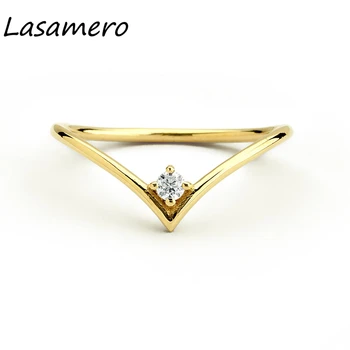 

LASAMERO Round Cut 0.07CT Natural Diamond 14k Gold Solitaire Delicate V Shape Dainty Wedding Band Stack Ring Gift For Her 1pc