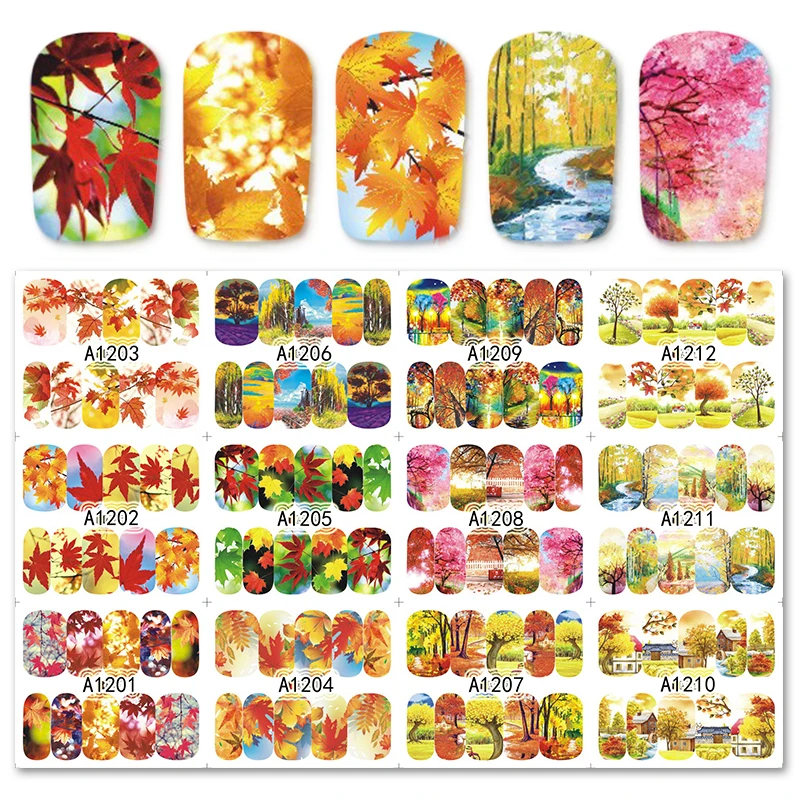 Hot 12 Designs Autumn Nail Stickers Set Maple Leaves Pumpkin 12 Designs Autumn Nail Stickers Set Maple Leaves Pumpkin Thanksgiving Art Water Transfer Decals Foils Manicure Decor Trbn A