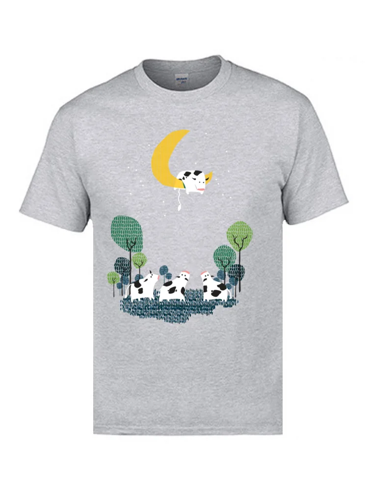 Design Casual Normal Short Sleeve April FOOL DAY Tops Tees Latest Round Collar 100% Cotton T Shirt Men Tshirts A cow jump over the moon grey