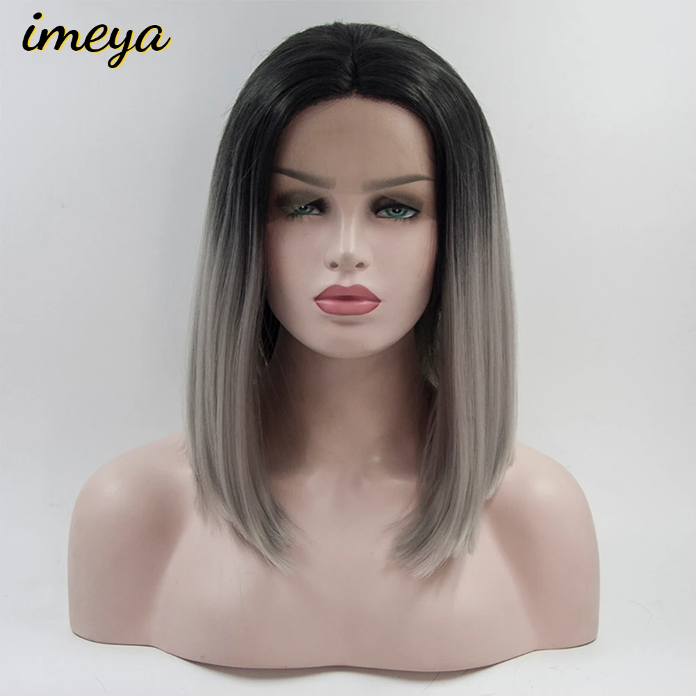 

Imeya Short Bob Wig Ombre Grey Hair Color With Black Roots Synthetic Lace Front Wig Heat Resistant Fiber Wigs For Women