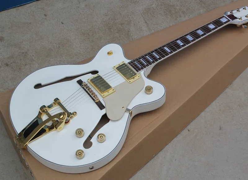 

Factory Wholesale White Semi-hollow Electric Guitar with Tremolo System,Gold Hardwares,White Binding,Offer Customized