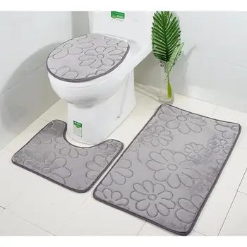

Three Pieces Embossed Bathroom Mat Set Comfortable Water Absorbent Soft U-shape Carpets Toilet Seat Lid Cover