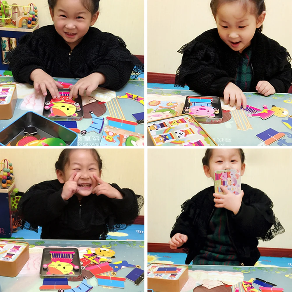 Baby Wooden Magnetic 3D Puzzle Cute Bear Dress Changing Jigsaw Puzzle Cartoon Animal Children Educatinal Toys with Iron Box