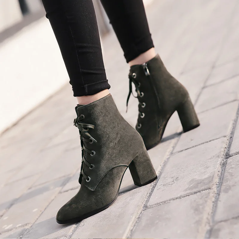 Najtaniej Donna in buty damskie naturalny zamsz skóra gruby wysoki obcas sznurowane martin buty oryginalne skórzane buty kwadratowe toe botki