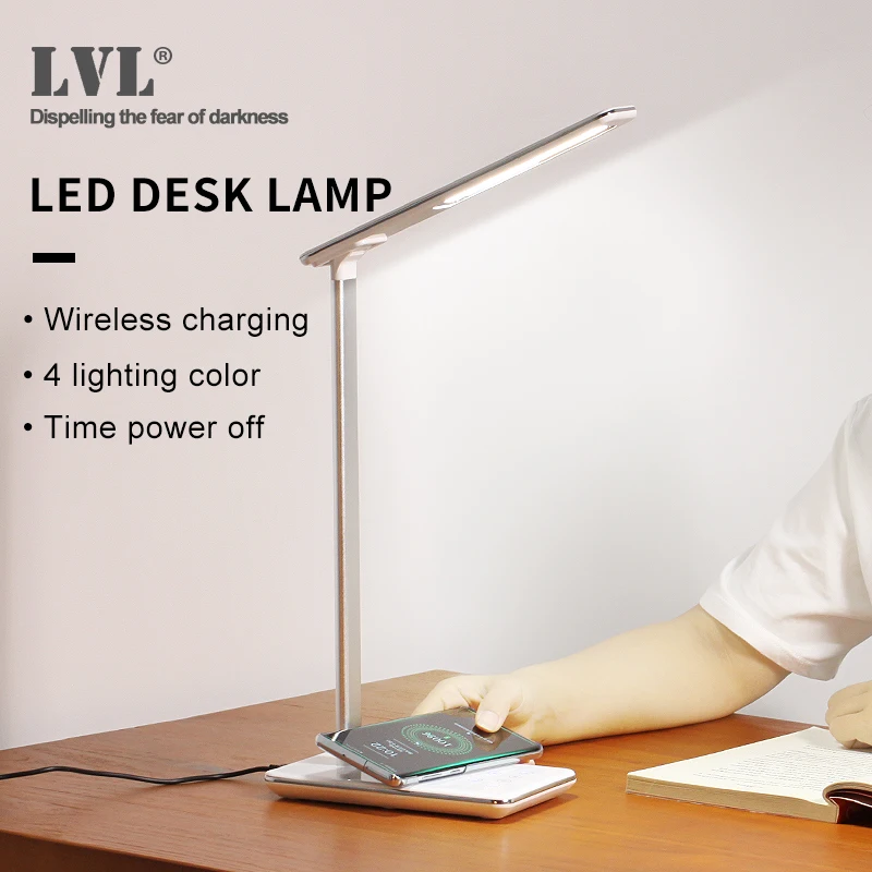 

LED Desk Lamp With Wireless Charging Qi Standard Phone Charger 4 Light Color Temperature With Stepless Dimming Time Switch Book