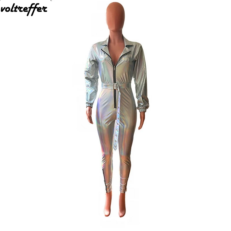 2019 Spring Silver Turn Down Collar Rompers Womens Jumpsuit Reflect Light Streetwear With Sashes Bodycon Bodysuit Sexy One Piece