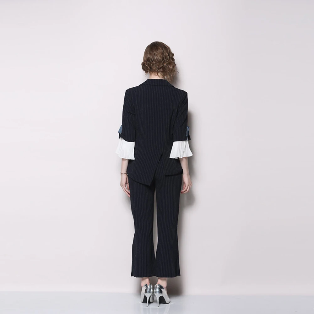 Casual business wear two-piece 2019ladies small fragrance chiffon mosaic trumpet sleeves hem hem open flared pants business suit