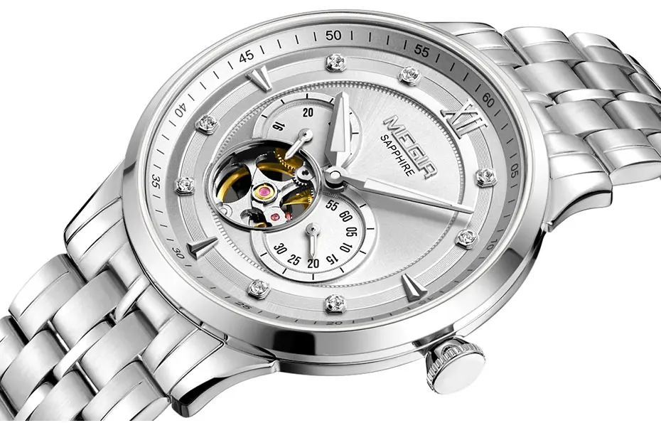 MEGIR мужские роскошные механические наручные часы с ручным заводом из нержавеющей стали серебристого и черного цвета от ведущего бренда Relogios Masculino 62053