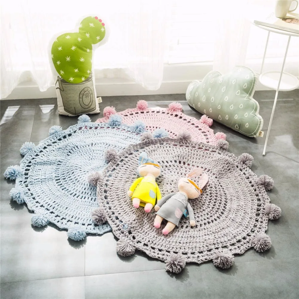 ^*Best Offers Hot Sale Nordic Style Solid Color Handmade Crochet Knitted Round Rug With Small Ball Lace Home Decor Blanket ^*Best Offers Hot Sale Nordic Style Solid Color Handmade Crochet Knitted Round Rug With Small Ball Lace Home Decor Blanket