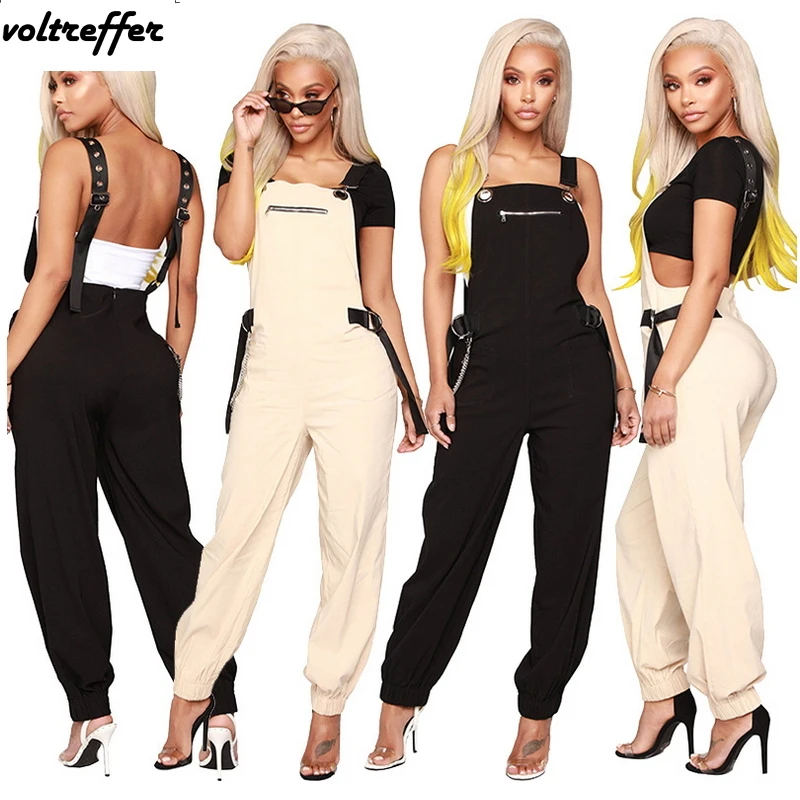 

2018 New Zipper Bib Overalls For Women Backless Metal Style Safari Streetwear Casual Rompers Womens Jumpsuit Macacao Feminino