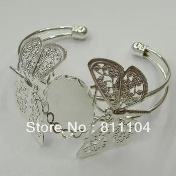 

18x25mm Silver Plated Brass Oval Lace Bezel Tray Cabochon Blank Bangle Bases Double Butterfly Open Cuff Bracelet Bangle Settings