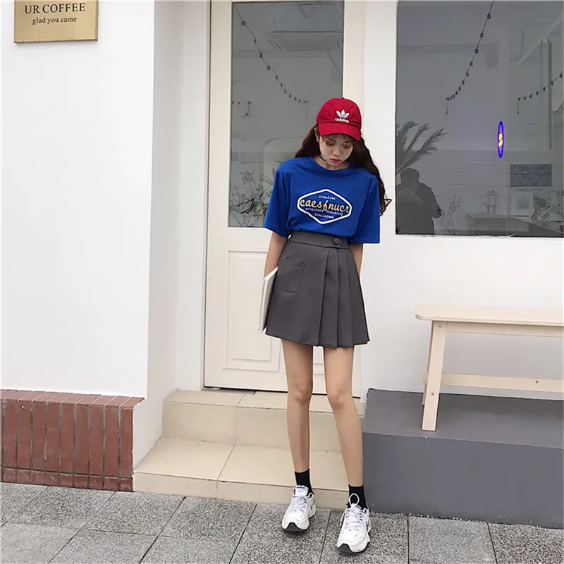 Для женщин модная короткая юбка Harajuku с карманами и высокой посадкой трапециевидной формы одноцветная юбка Женский сексуальные мини плиссированная юбка плюс Размеры Q428