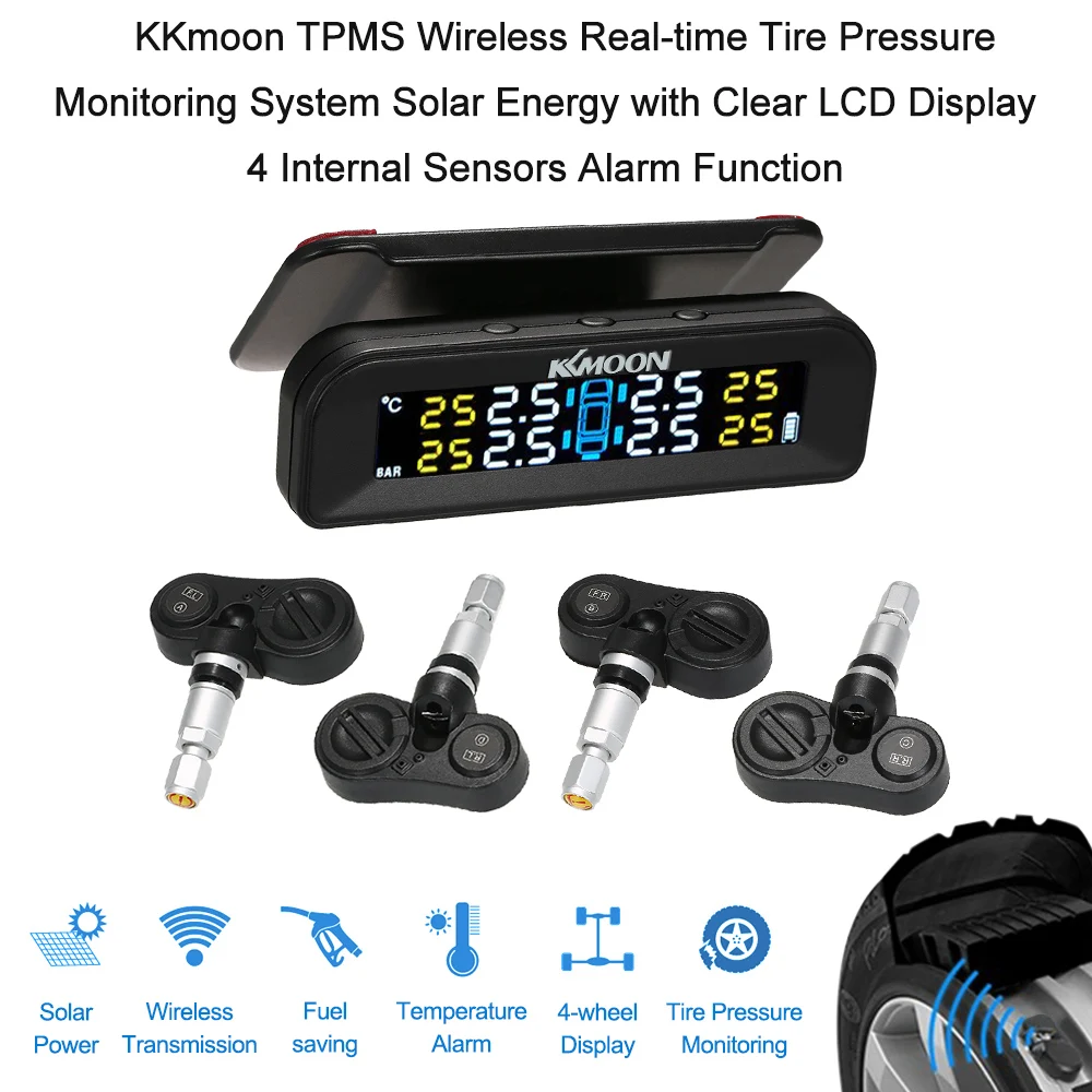 KKmoon TPMS Wireless Real-time Tire Pressure Monitoring System Solar Energy with Clear LCD Display 4 Internal Sensors Alarm