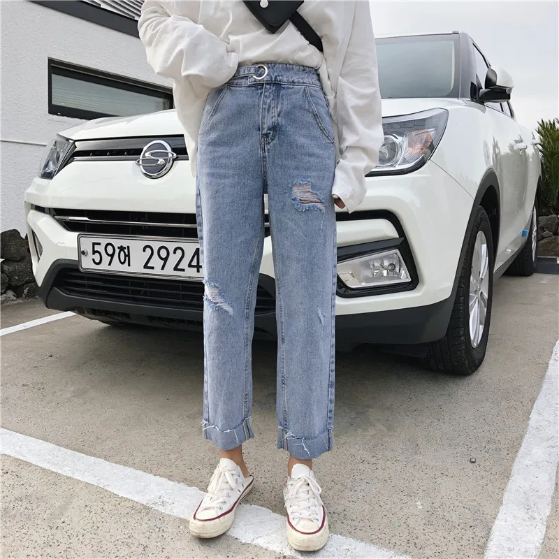 S xl 2019 корейский шик Стиль Высокая талия рваные джинсы для женщин Свободные