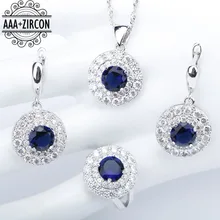 Синий Циркон 925 серебряный костюм Свадебные Ювелирные наборы для женщин ожерелье и кулон серьги с камнями кольца набор ювелирных изделий Подарочная коробка