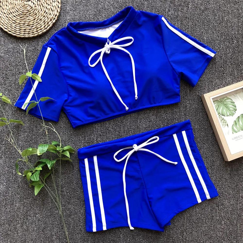 

New Short Sleeve Vintage Sporty Two Piece Swimsuit Women Retro Bikini Set With Shorts Push Up Swimwear Swimming Bathing Suits