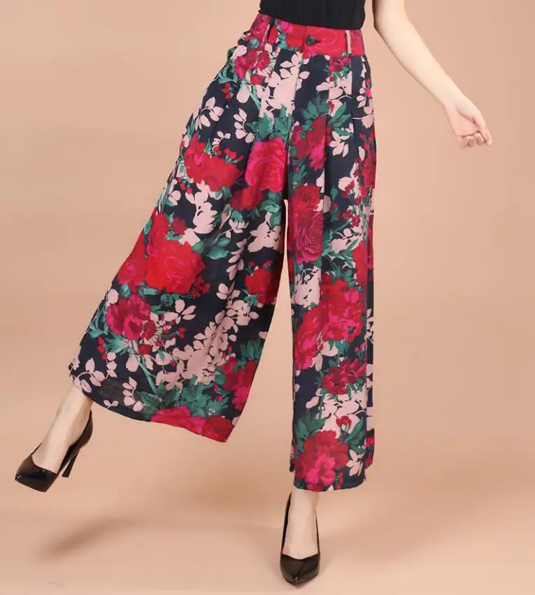 YGYEEG, новинка, женские летние широкие брюки с цветочным принтом, женские льняные Капри, юбка, брюки, женские брюки-кюлоты - Цвет: K114 Peony flowers