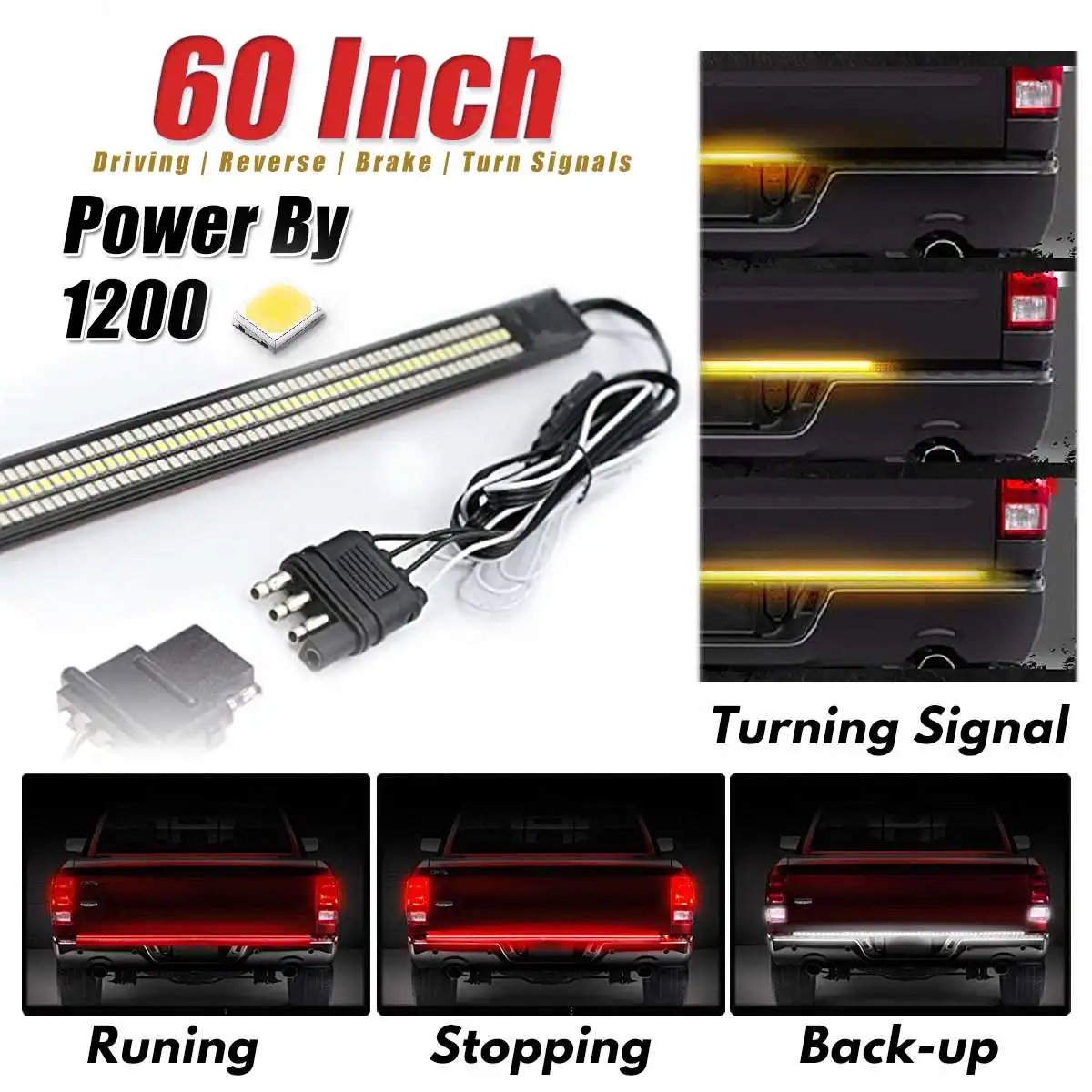 

60" Universal Triple LED Aluminum Strip Tailgate Bar Red Driving Light Sequential Amber Turn Signal White Light Rigid Brake Rear