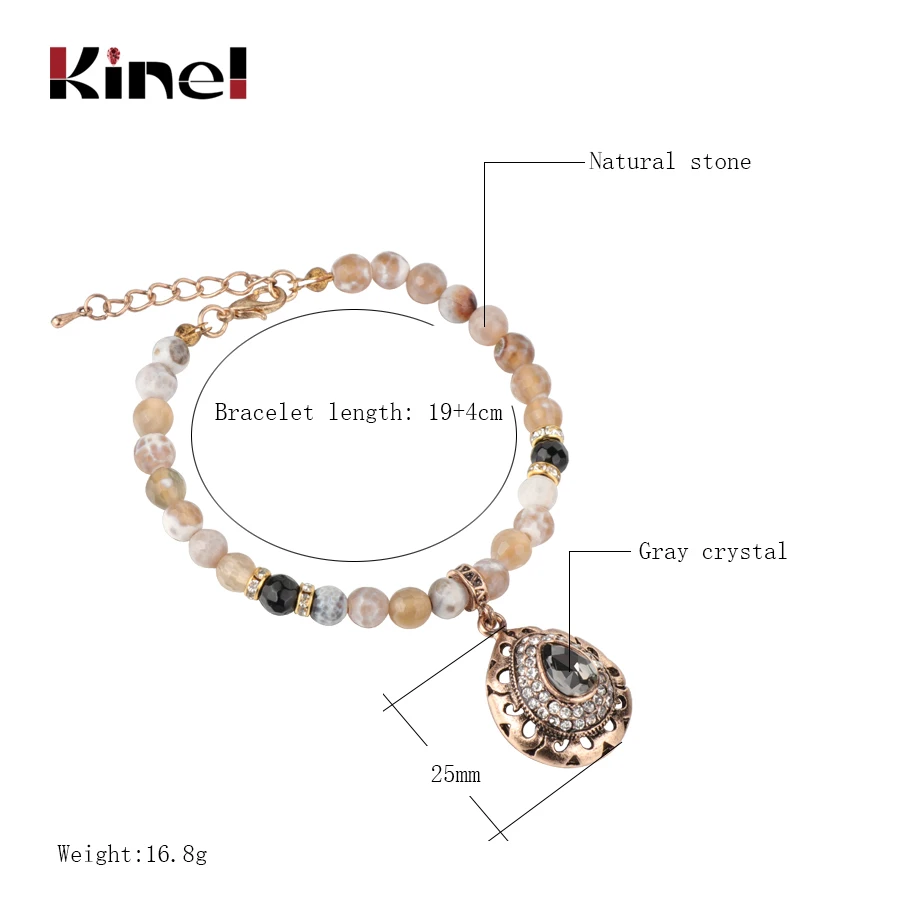 Kinel очаровательный натуральный камень винтажный браслет для женщин мозаичный серый кристалл античный золотой браслет Новинка