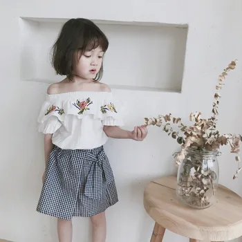 

Girl Clothes Summer Children Clothing Sets Shoulder Off Shirt +Plaid Short 2 pcs Sets Kid Outfits